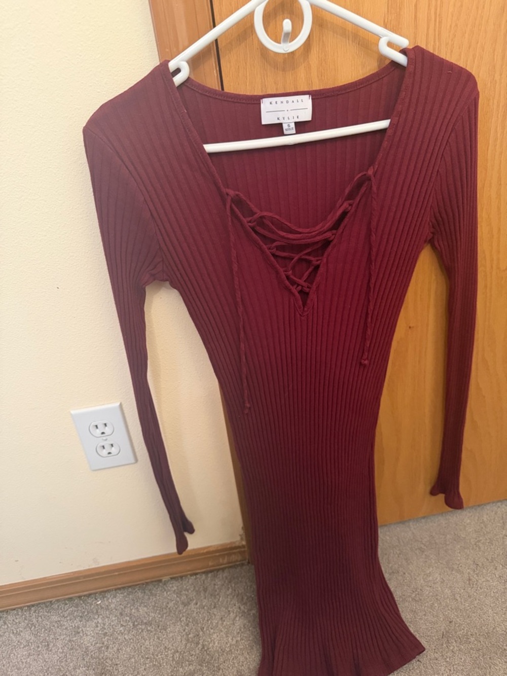 Kendall & Kylie Lace-Up Ribbed Bodycon Dress - Wine